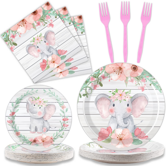 96 Pcs Girl Elephant Party Tableware Supplies for 24 Guests