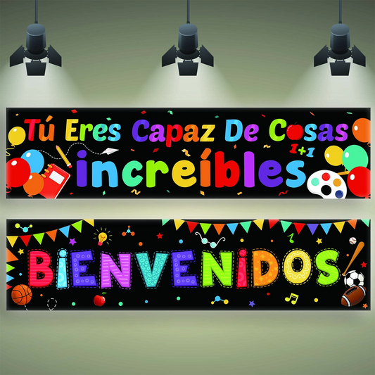 2 Pack Bienvenidos Sign Spanish Welcome Banners with 40 Pieces Adhesive Dots
