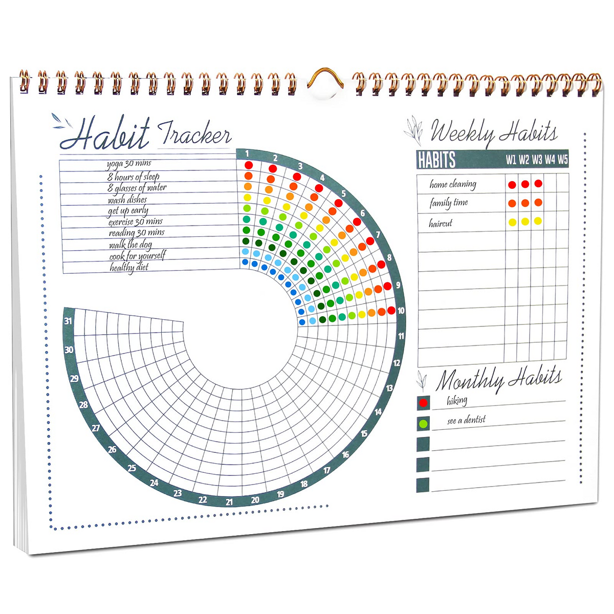 Green Habit Tracker Calendar Goal Planner with Spiral Binding - 12+2 Month