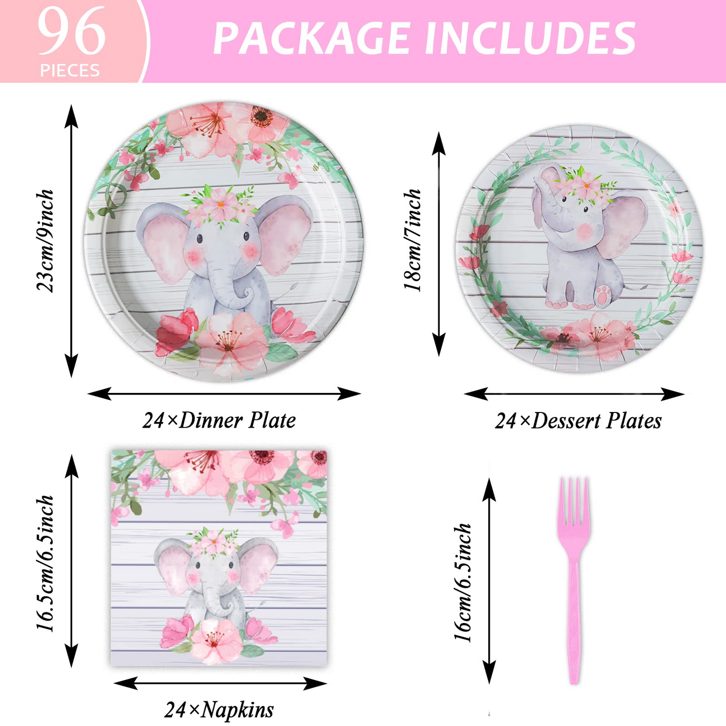 96 Pcs Girl Elephant Party Tableware Supplies for 24 Guests