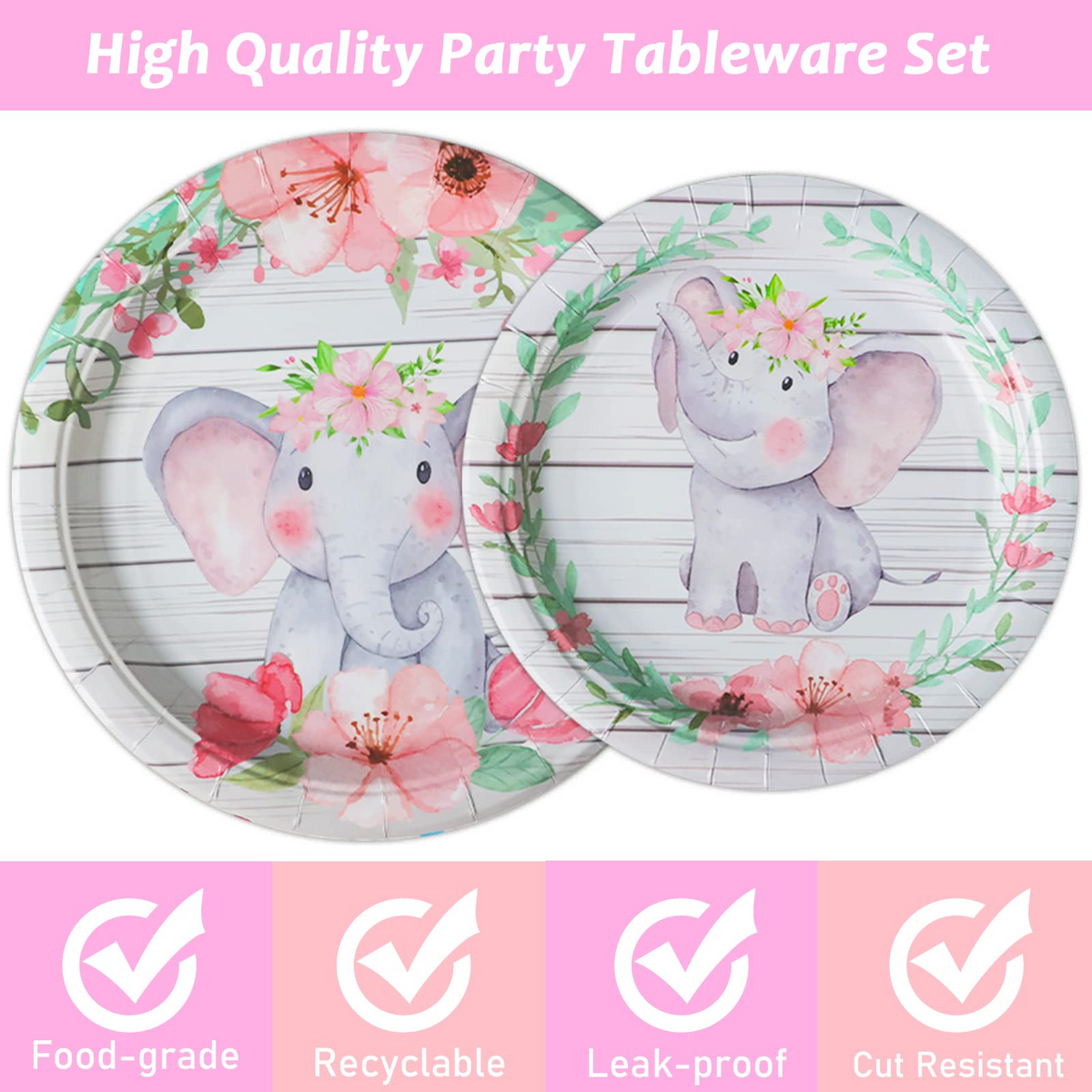 96 Pcs Girl Elephant Party Tableware Supplies for 24 Guests