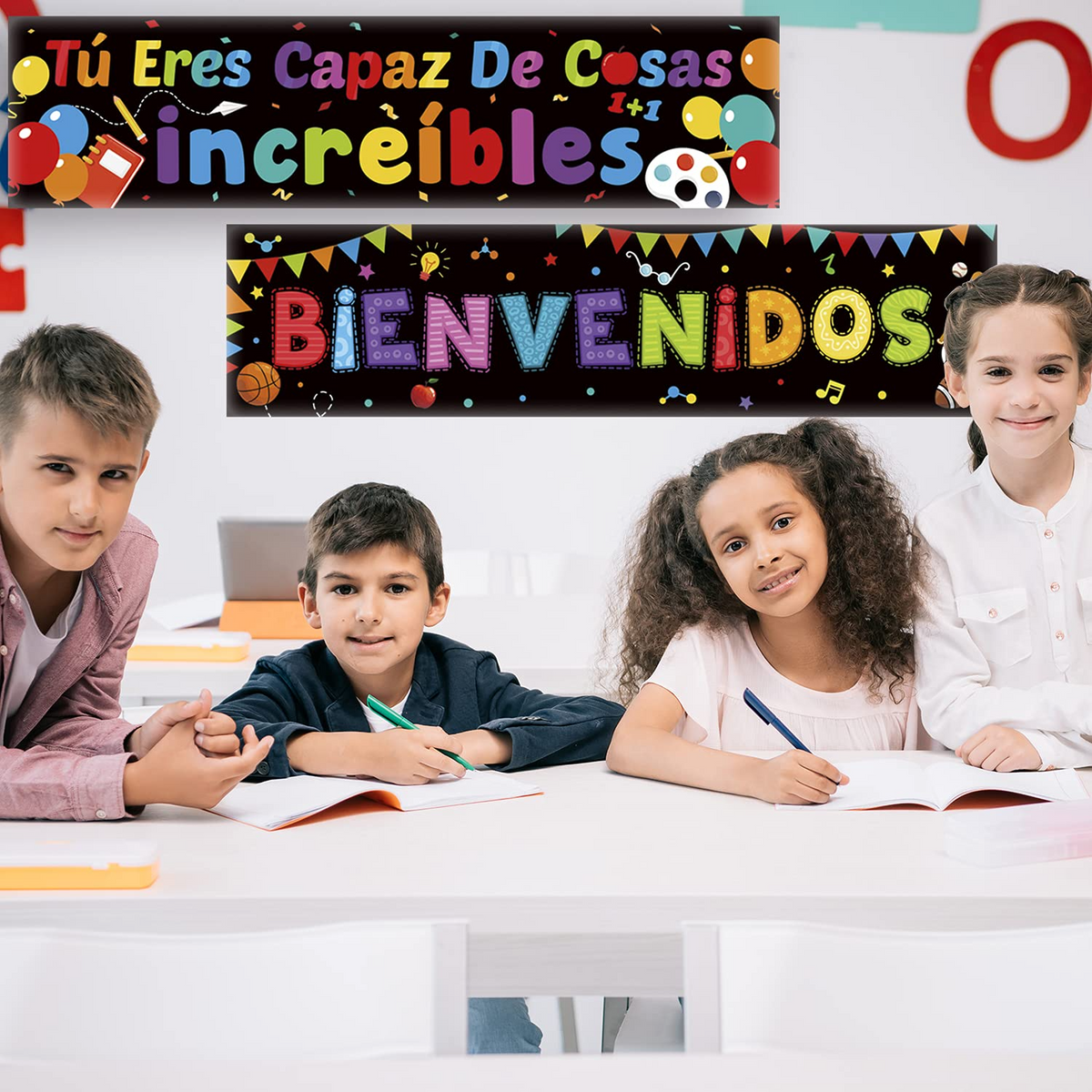 2 Pack Bienvenidos Sign Spanish Welcome Banners with 40 Pieces Adhesive Dots