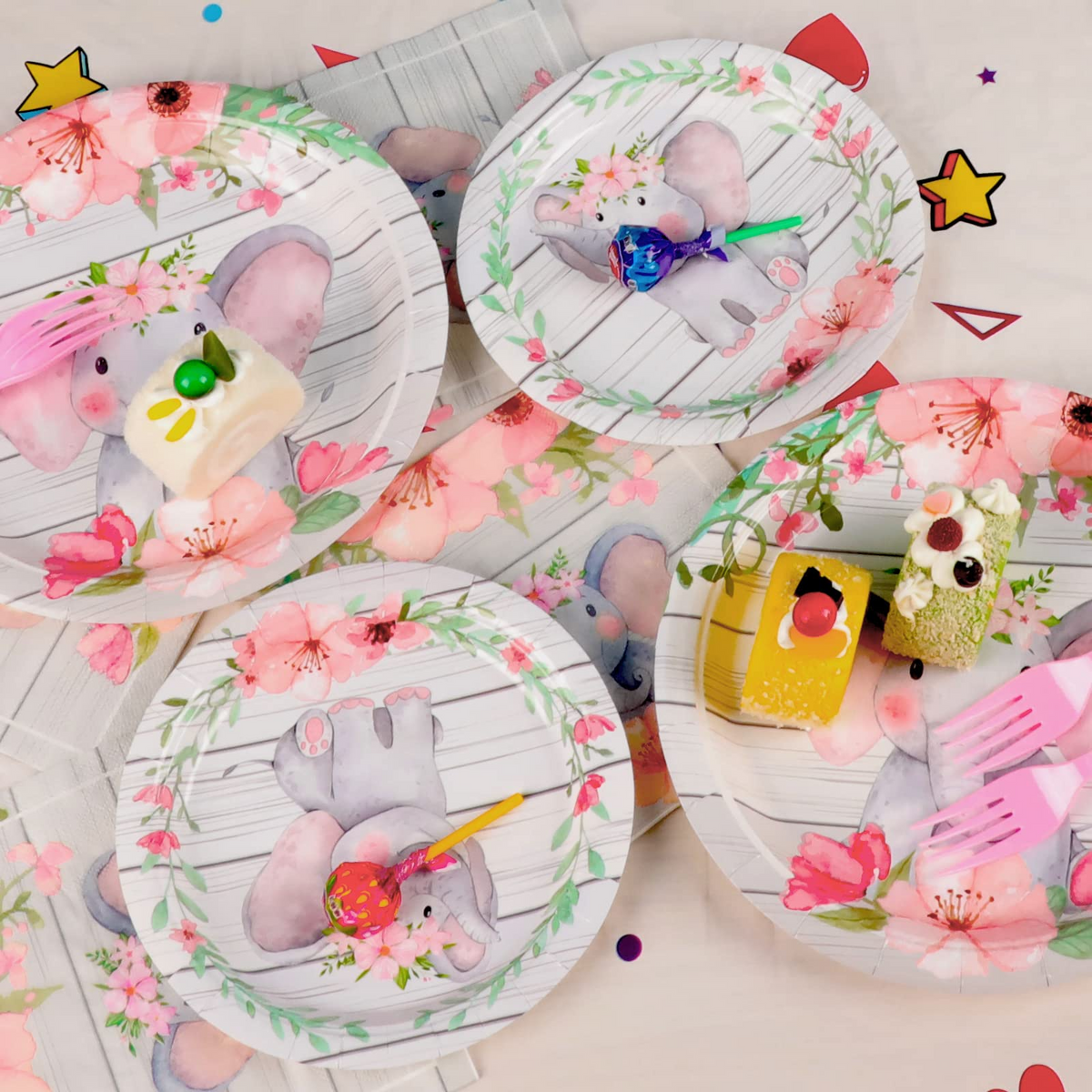 96 Pcs Girl Elephant Party Tableware Supplies for 24 Guests