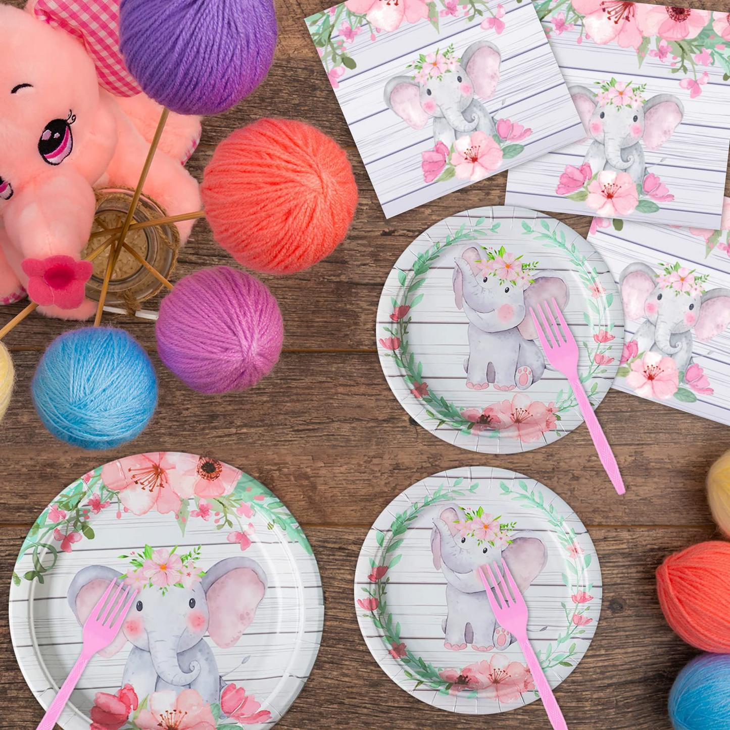 96 Pcs Girl Elephant Party Tableware Supplies for 24 Guests